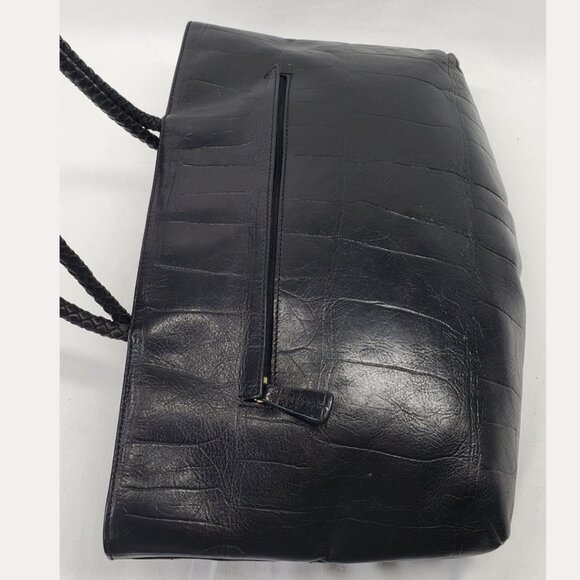 💲⬇️A.Giannetti Black Croc Embossed Leather Shoulder Tote 3 Comp Braided Handles - Picture 8 of 13